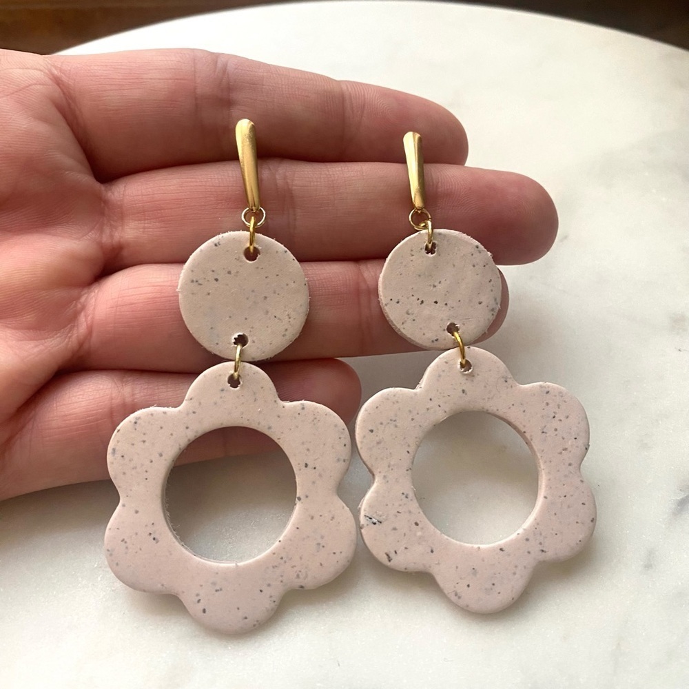Handmade Polymer Clay Beige Floral Earrngs